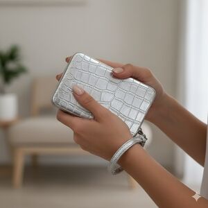 Croc Embossed Silver Metallic Hard Case Wristlet